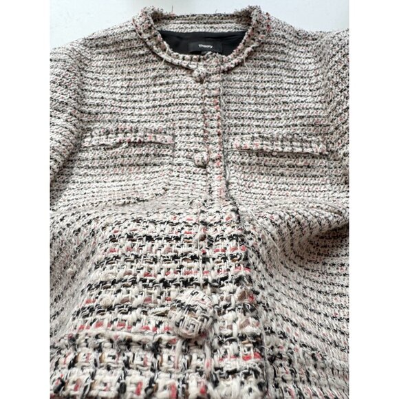THEORY Preston Tweed Coral Multi Fringed Boxy Cropped Jacket, Size 6 - Picture 12 of 16